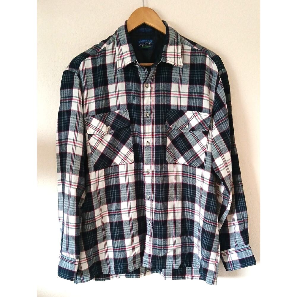 Vintage Backpacker White And Black Plaid Button Up Flannel